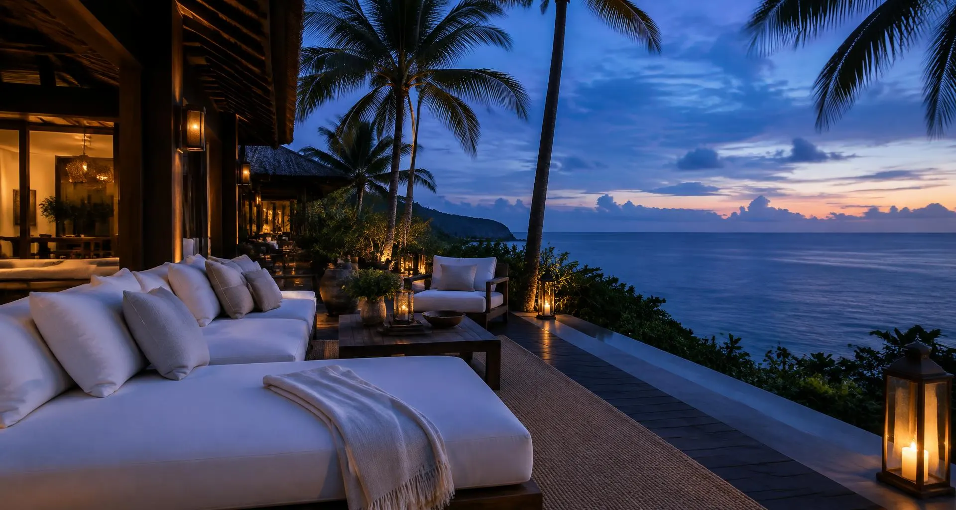 A peaceful ocean-facing resort terrace in the evening