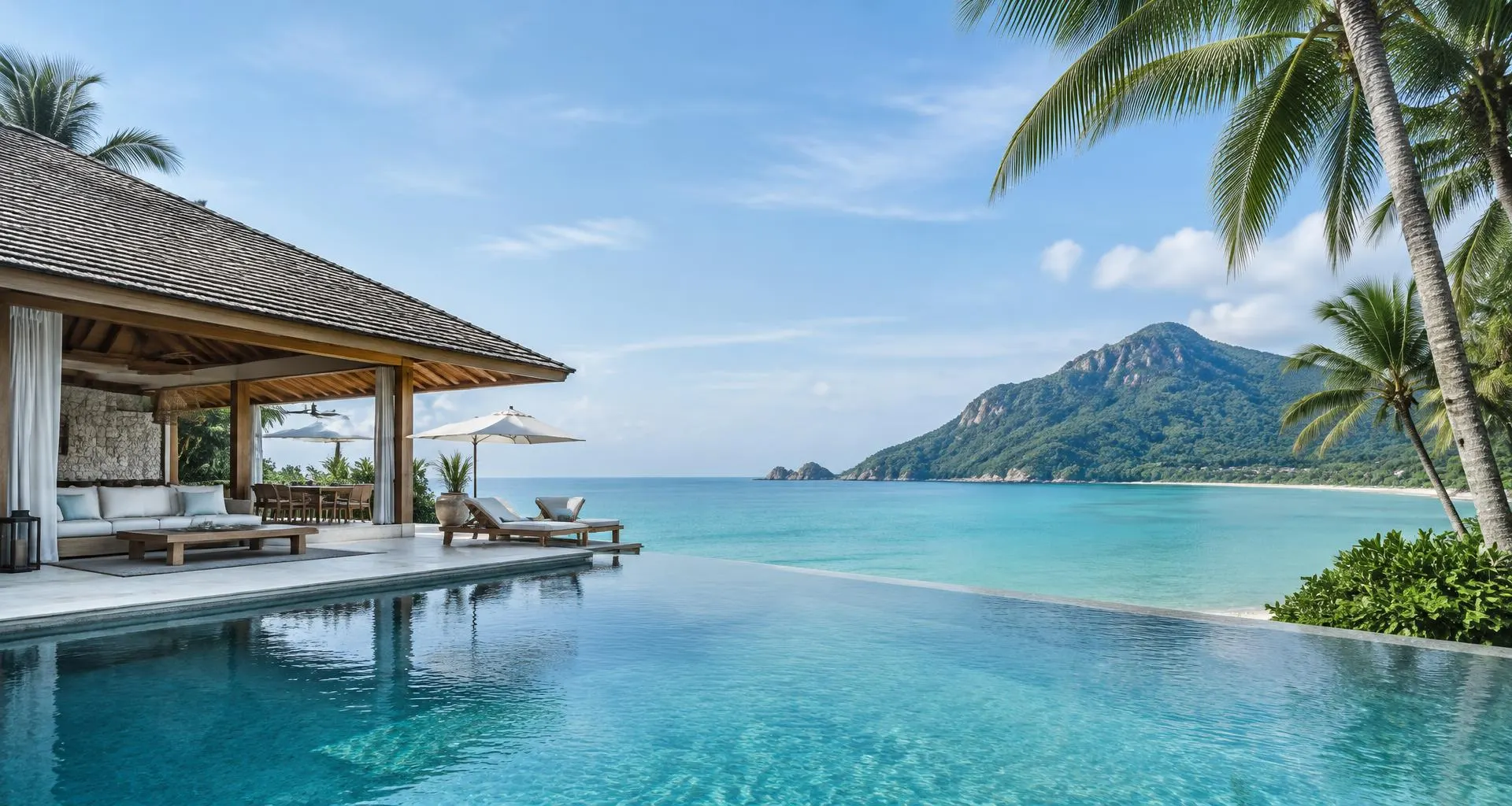 An oceanfront tropical resort with an infinity pool and open pavilion